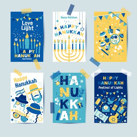 Set of colors six Hanukkah greeting cards with candles, dreidel, Jewish star, oil, menorah, donut, cupcake, confetti, letters. Layout for Festival of Lights invitation, Jewish greeting cards.のイラスト素材