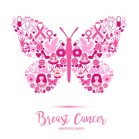 Breast cancer awareness with Butterfly sign and pink ribbon vector illustrationのイラスト素材