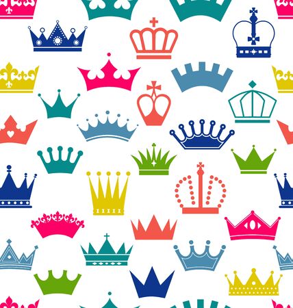 Retro seamless pattern of colors crowns on white background. Surface seamless print of coronas.のイラスト素材