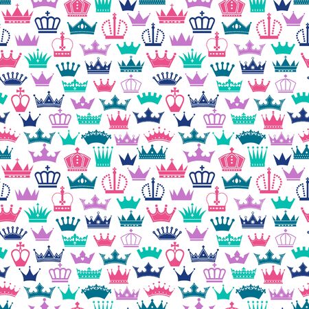Retro seamless pattern of colors crowns on white background. Surface seamless print of royal.のイラスト素材