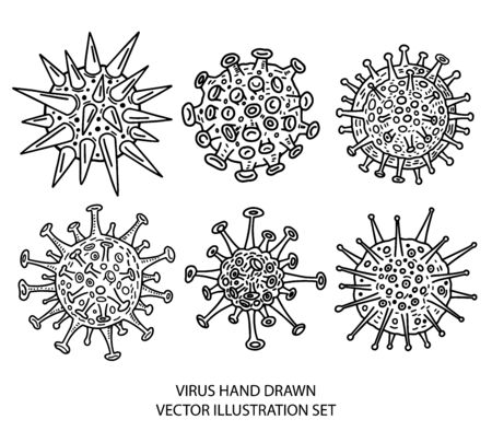 Different kinds of virus, sketch collection. Hand drawn illustration. Respiratory virus infection. Corona virus. Covid19 and other viruses.のイラスト素材