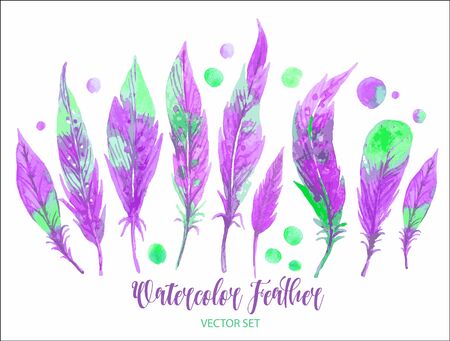 Watercolor purple feather set. Hand drawn vector illustrationのイラスト素材