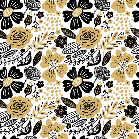 Vector floral seamless pattern gold and black colors.のイラスト素材