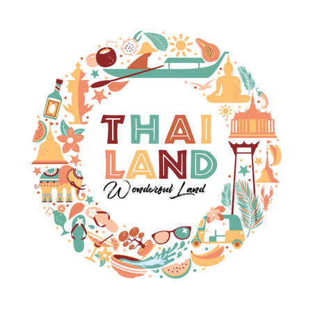 Collection of Thailand symbols in wreath. Vector poster. Postcard in trend color. Travel illustration. Web banner of travel in circle composition.のイラスト素材