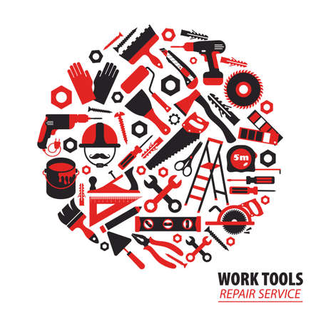 Vector icons set, building, construction, tools, repair and decoration works. Flat design icons set.のイラスト素材