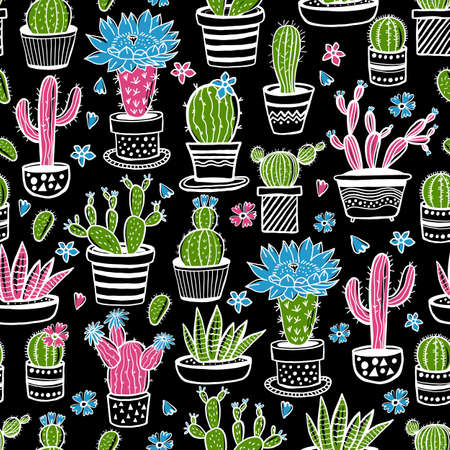 Cactus and succulent hand drawn seamless pattern in sketch style on black. Doodle colors flowers in pots. Vector colorful cute house interior plants.の写真素材