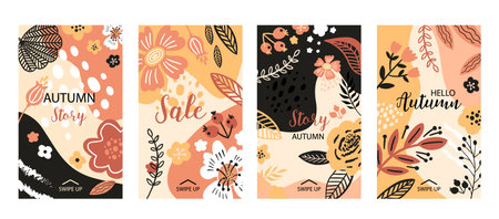 Vector floral banner sale autumn illustration in trend colors. Flat flowers, petals, leaves doodle...
