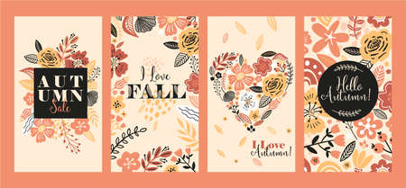 Vector floral banner sale autumn illustration in trend colors. Flat flowers, petals, leaves doodle elements.のイラスト素材