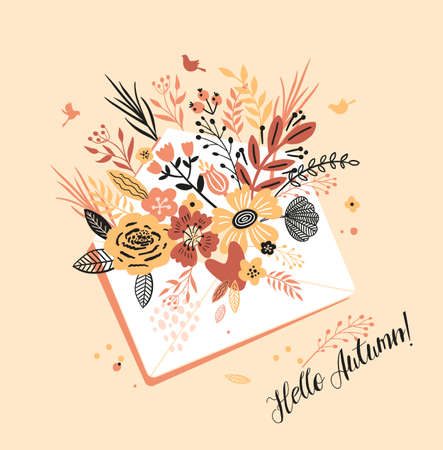 Lovely autumn card with a bouqet flowers, leaves envelope and with the inscription I Hello Autumn. Perfect for greeting cards, postcards, t-shirt design and other yours design in trend colors.のイラスト素材