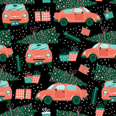Vector seamless pattern with red car and Christmas tree on black. Christmas picture. Red pickup. New year illustration surface delivery service.のイラスト素材