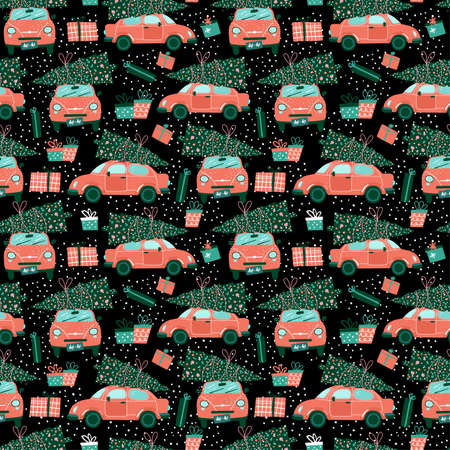 Vector seamless pattern with red car and Christmas tree on black. Christmas picture. Red pickup. New year illustration surface delivery service.のイラスト素材