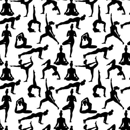Women exercising yoga flat trend vector seamless pattern on white. Do yoga meditation practice cartoon style. Exercise workout background. Healthy lifestyle morning fitness activities pictures.のイラスト素材