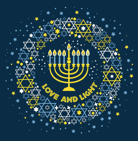 Jewish holiday Hanukkah greeting card traditional Chanukah symbols - menorah candles, star David illustration on blue. Love and light.のイラスト素材