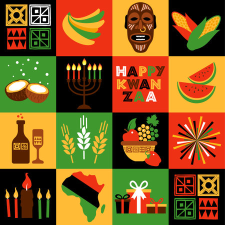 Banner for Kwanzaa with traditional colored and candles representing the Seven Principles or Nguzo Saba. Collgage style.のイラスト素材