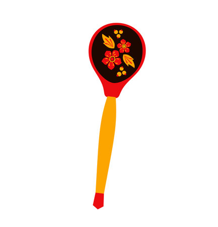 Wooden decorated spoon. Kitchen elements with painted ornaments, traditional folklore plants of Russia. Berries flowers and leaves decor vector illustration in khokhloma.のイラスト素材