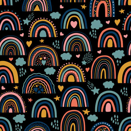 Nice baby neutral bohemian rainbows seamless pattern. Trend rainbows surface. Boho rainbows for baby shower invitations, cards, nursery room, posters, fabric. Vector patel bohemian rainbows on black.のイラスト素材