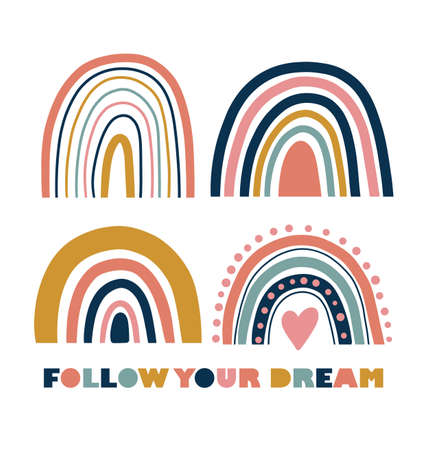 Nice baby neutral bohemian rainbows illustration. Trend rainbows. Boho rainbows for baby shower invitations, cards, nursery room posters. Vector bohemian rainbows.のイラスト素材