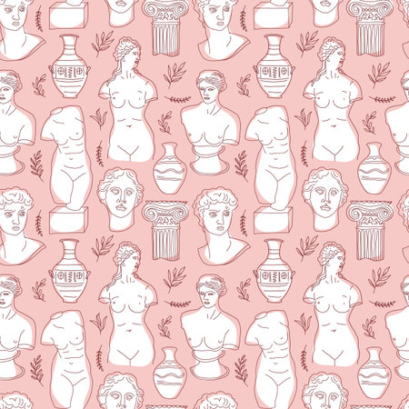 Ancient Greece and Rome set tradition and culture vector seamless pattern. The linear trend of the ancient surface pattern, Ancient Greece and Ancient Rome. Surface pattern on pink.のイラスト素材