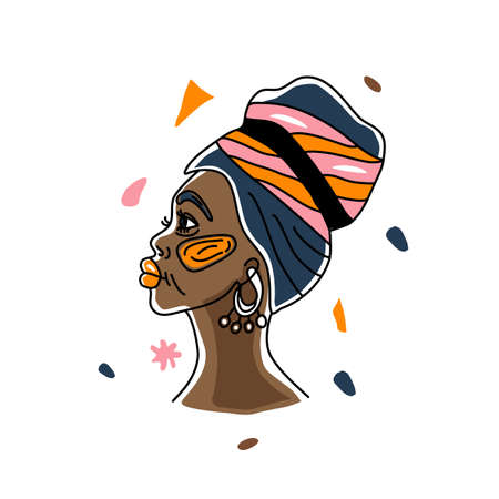 Portrait in a turban African woman, human rights, fight racism. Line art, minimalism style. Black history month illustration.のイラスト素材