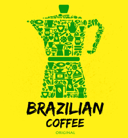 A set of green Brazilian icons and symbols against yellow background.のイラスト素材