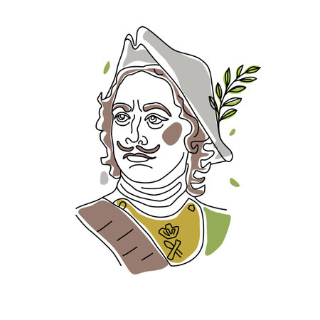 Linear trend portrait of a man in a historical military suit and hat. Russian tsar Peter 1. Vector illustration.のイラスト素材