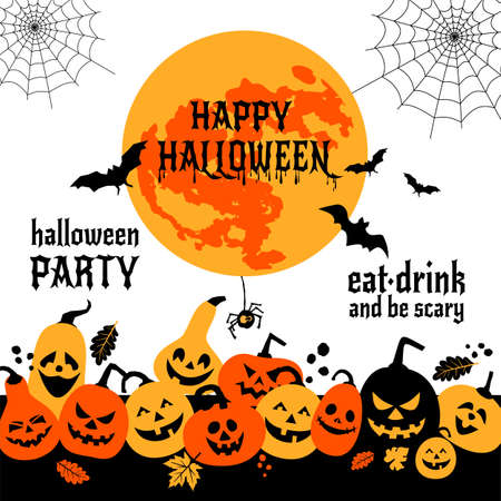 Happy Halloween pumpkins with Moon and Bats Vector Design Flat vector backgroundのイラスト素材