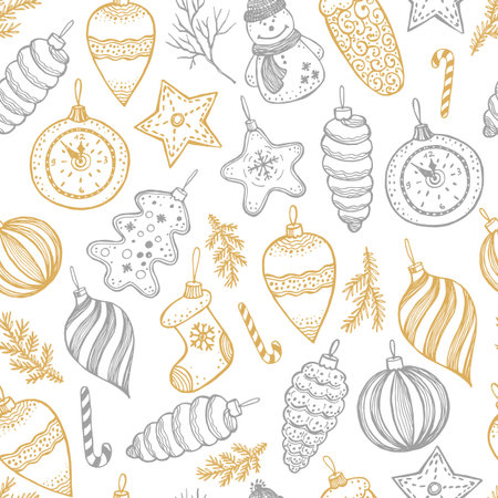 Hand drawn Christmas seamless pattern. Fur tree with balls, toys and fir-cone, for xmas design in...