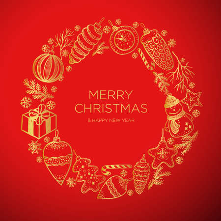 Christmas and New Year wreath with balls, toys and fir-cone, for xmas design in gold on red. Vector illustration background.のイラスト素材