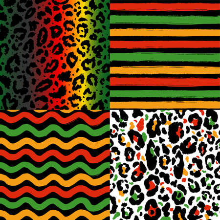 Vector seamless kwanzaa pattern set with colored leopard print and geomerrical seamless pattern. Animal print. Cheetah african print on white background.のイラスト素材