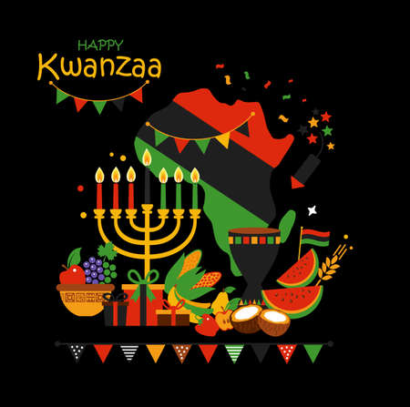 Vector card of celebration Happy Kwanzaa. Holiday symbols on black background in african map.のイラスト素材