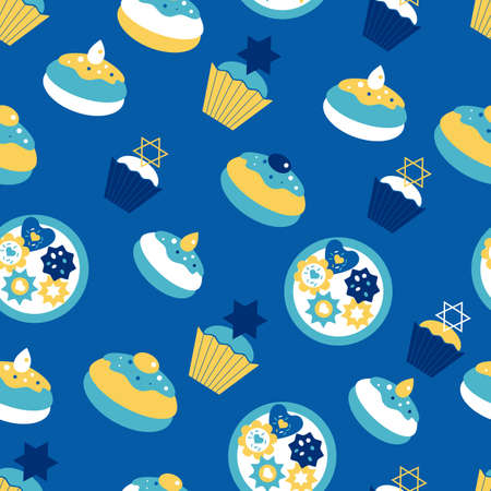 Hanukkah seamless pattern. Jewish donut seamless texture, traditional dessert on the holiday of Hanukkah background. Jewish donut pattern. Vector illustrationのイラスト素材
