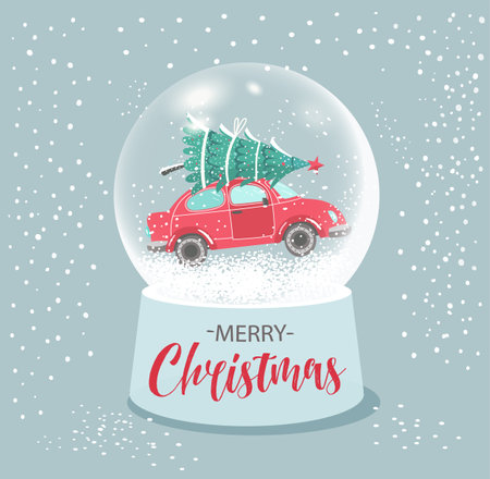 Christmas globe with car and tree in a snowt. Vector illustration new year card.のイラスト素材