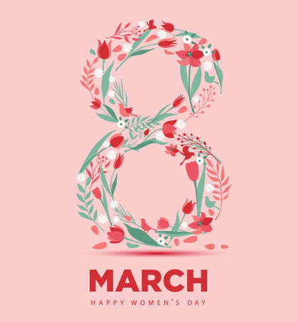 Graphic design postcard for International Women s Day with 8 March inscription and tulipsi. Vertical greeting card with flower in in the figure of eight.のイラスト素材