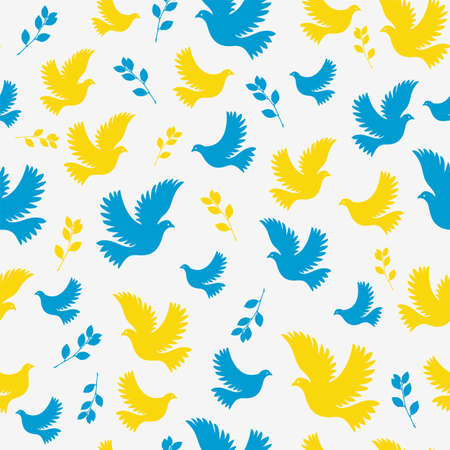 Seamless pattern dove of peace with an olive branch. Vector flat seamless pattern in blue and yellow. Flying bird on a flag background.のイラスト素材