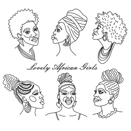 Portraits oneline style beautiful African women in traditional turban, Kente head wrap African, black women vector silhouette isolated sketch, hairstyle conceptのイラスト素材