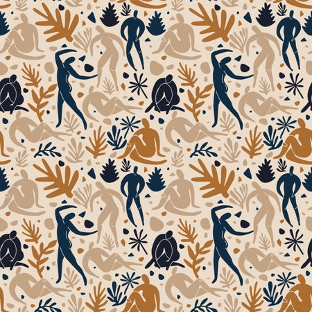 Seamless pattern abstract people doodle and nature icons on isolated white background. Summer collection, organic shapes in freehand matisse art style. Floral art.のイラスト素材
