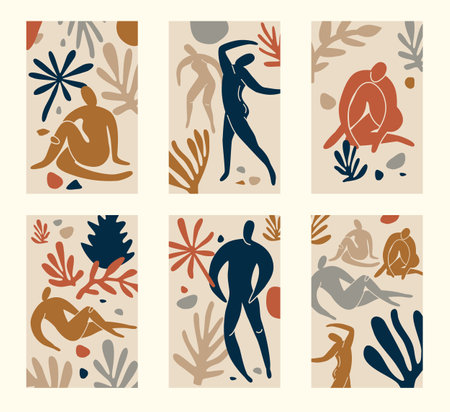 Set of card abstract people doodle and nature icons on isolated white background. Summer collection, organic shapes in freehand matisse art style. Floral art.のイラスト素材