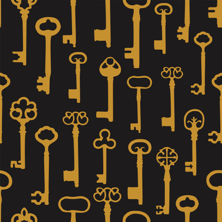 Vintage seamless pattern with different antique keys in gold metal on black background.のイラスト素材
