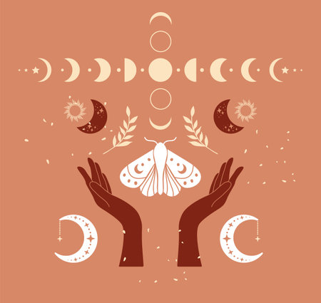 Vector illustration of henna mystic mudra hands, moon and stars. Aztec stile, tribal art, ethnic collection, design isolated on beige background.のイラスト素材