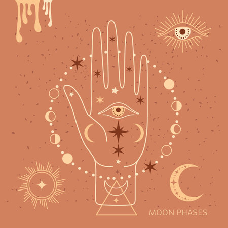 Mystical moon phases and woman hand, alchemy esoteric magic space, sacred wheel of the year, vector isolated on beige backgroundのイラスト素材