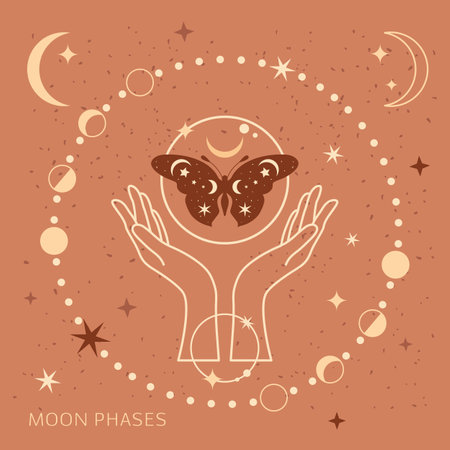 Mystical moon phases and woman hands and moth, alchemy esoteric magic space, sacred wheel of the year, vector isolated on beige backgroundのイラスト素材