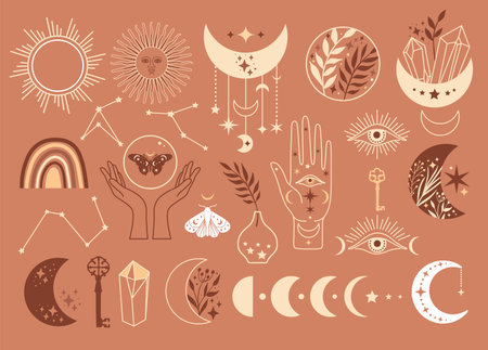Mystical moon phases set icons and woman hands and moth, alchemy esoteric magic space, vector isolated on beige backgroundのイラスト素材