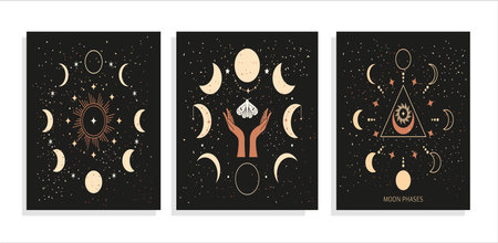 Banner set Mystical moon phases and woman hands and moth, alchemy esoteric magic space, sacred wheel of the year, vector isolated on black backgroundのイラスト素材