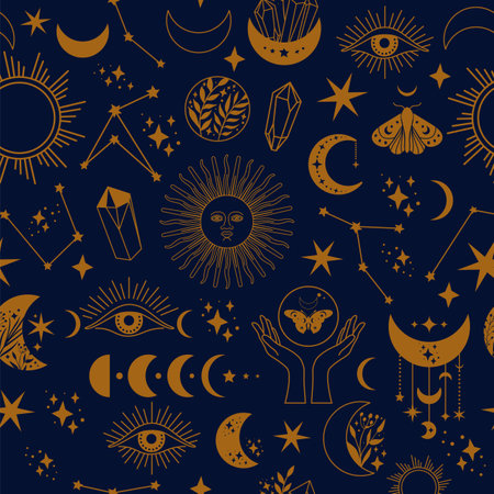 Seamless space pattern on a blue background. Boho illustration with moon, sun, dragonflies, stars, wallpapers for astrology, tarot, esotericism. Vector abstract hand drawn illustration.のイラスト素材