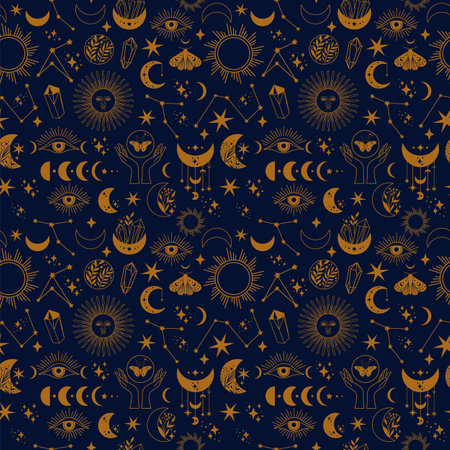 Seamless space pattern on a blue background. Boho illustration with moon, sun, dragonflies, stars, wallpapers for astrology, tarot, esotericism. Vector abstract hand drawn illustration.のイラスト素材