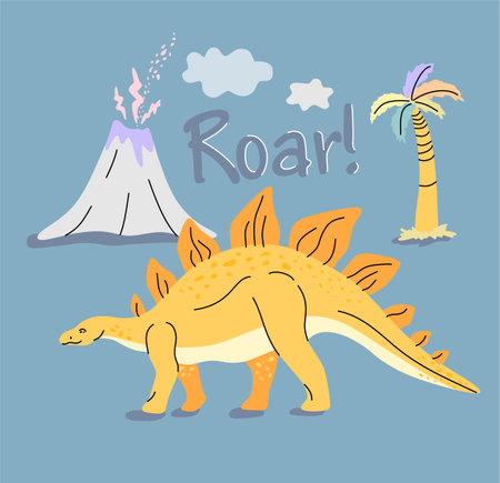 Cute dinosaur drawn as vector on blue for kids fashion. Palm and volcano.のイラスト素材