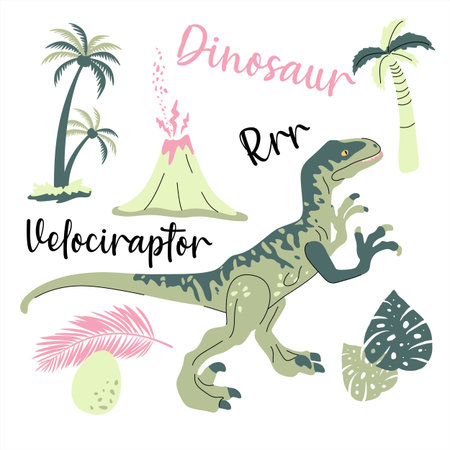 Cute dinosaur drawn as vector on white for kids fashion. Palm and volcano. Allosaurus.のイラスト素材