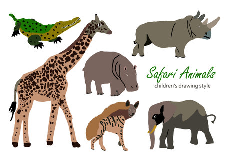 Vector illustration of cute wild safari African animals. Including giraffe, elephant, hyena, crocodile, hippo, rhinoceros Funny cartoon doodle characters in scandinavian style. Kidsのイラスト素材