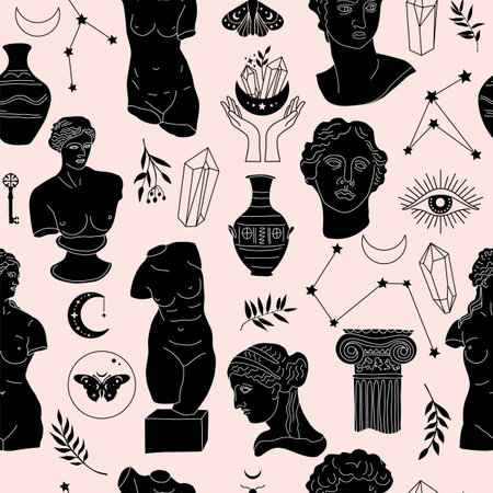 Seamless pattern Greek ancient sculpture mystic. Hand drawn illustrations of antique classic statues in trendy bohemian style. Boho tattoo art. Heads, branch, vase, column, hands, body, stars.のイラスト素材