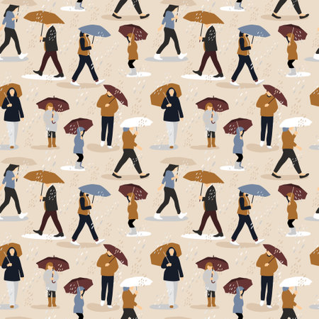 Vector illustration of people in the rain. Autumn mood. Trendy retro style.のイラスト素材